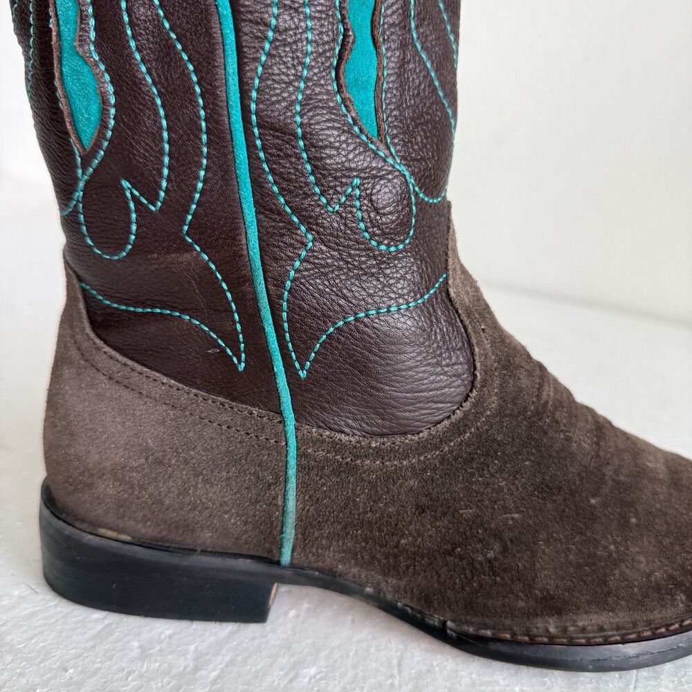 Brown Suede & Leather Cowboy Boots Turquoise Star Embroidery Women’s Size 38 - Picture 6 of 13